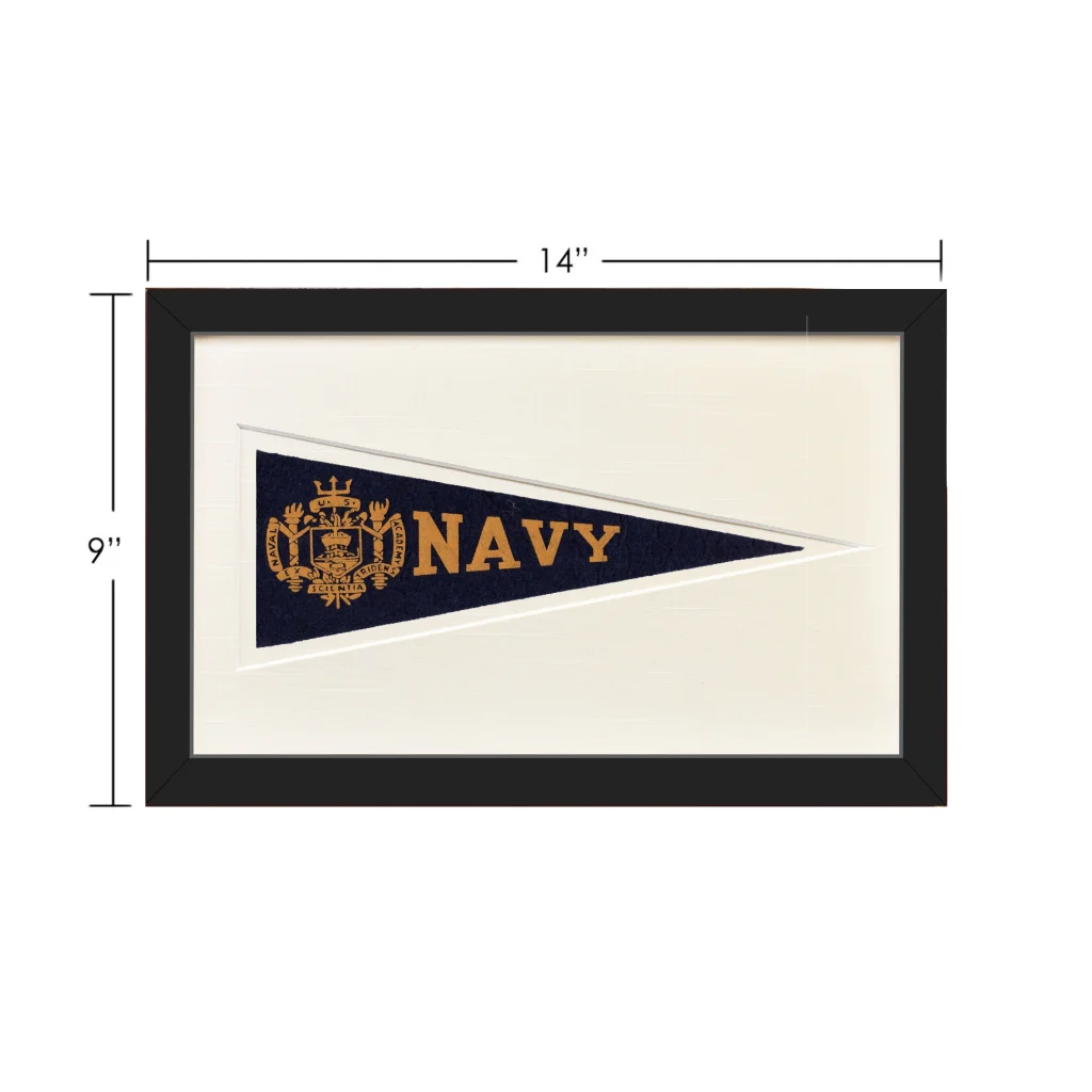 Vintage navy wool felt Hormel pennant in black frame with white matting