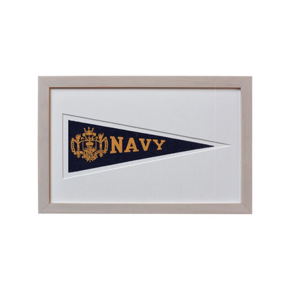 Vintage navy wool felt pennant from 1950s in gray frame