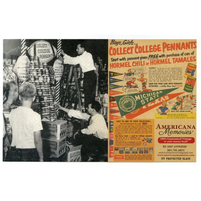 Vintage Northwestern University Hormel pennant with chili ad poster