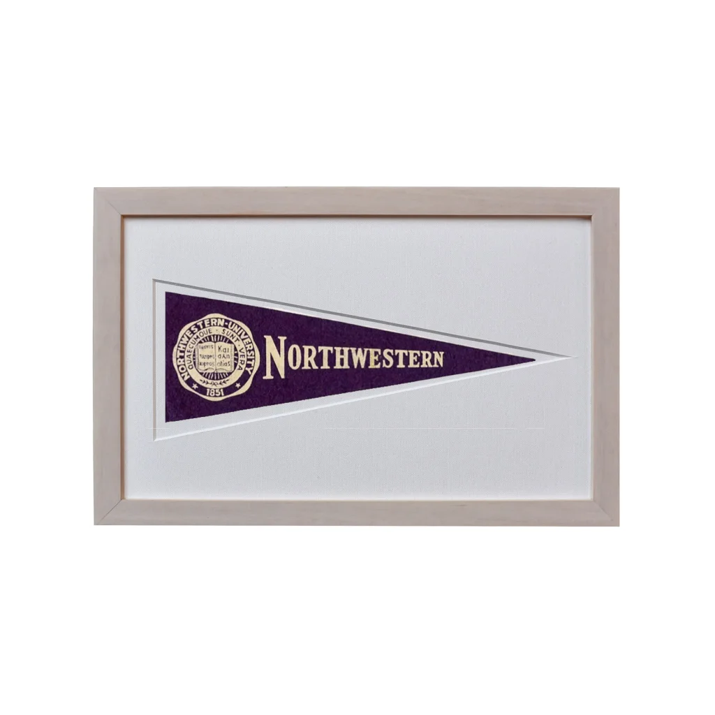 Framed vintage Northwestern University Hormel pennant in purple and cream