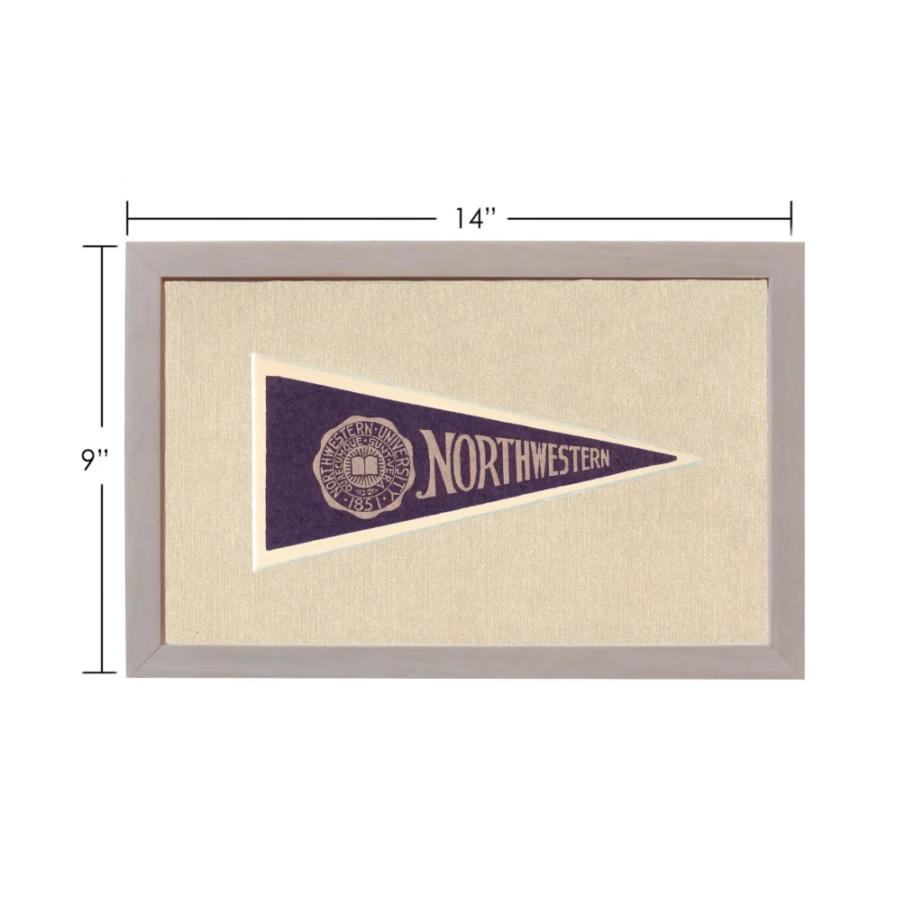 Vintage Northwestern University pennant in purple frame on beige background