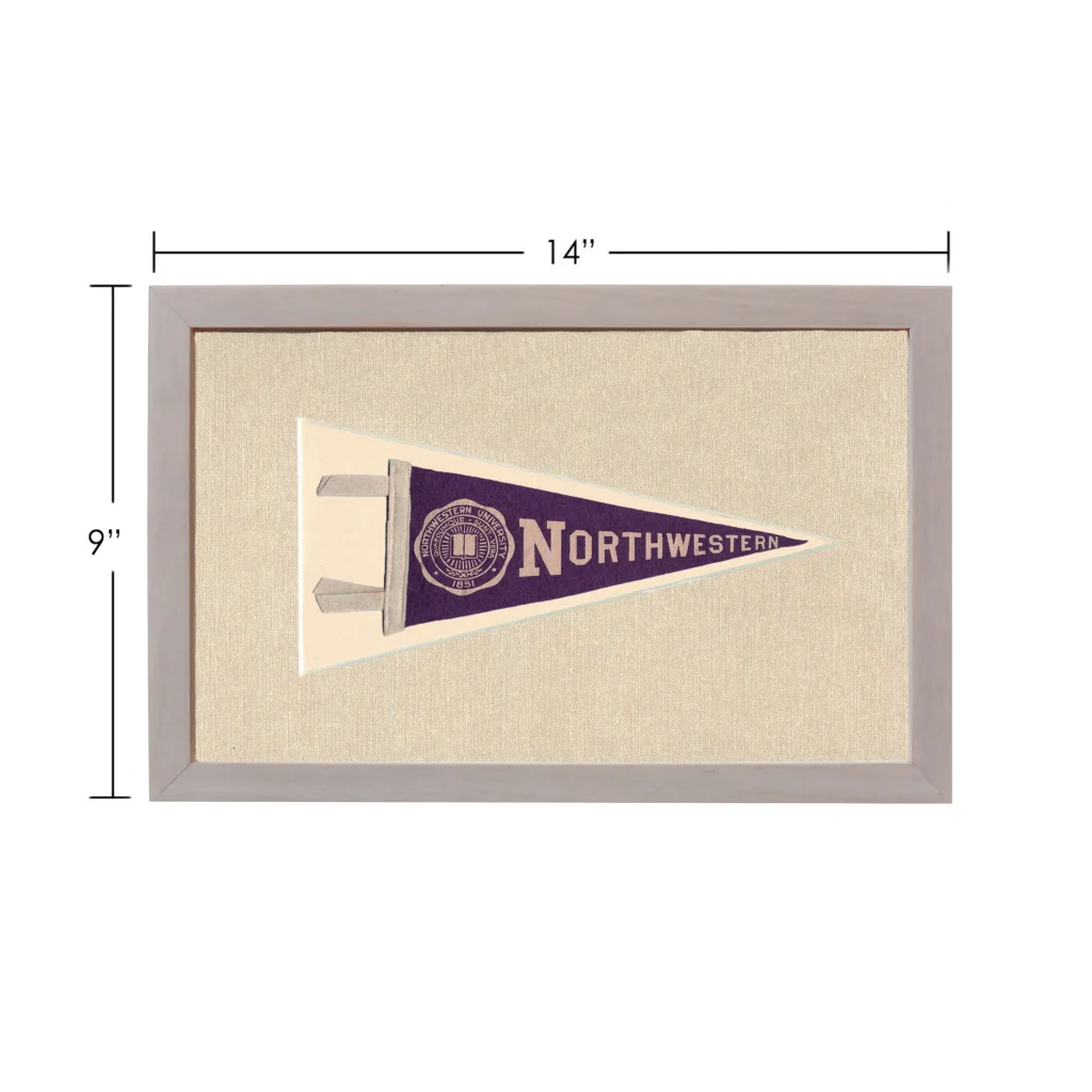 Vintage Northwestern University purple and cream pennant in gray frame
