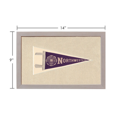 Vintage Northwestern University purple and cream pennant in gray frame