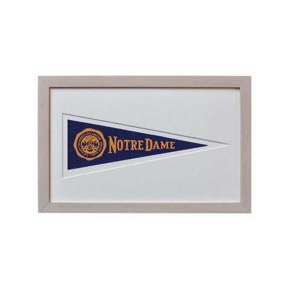 Framed vintage Notre Dame 1950s pennant flag collectible