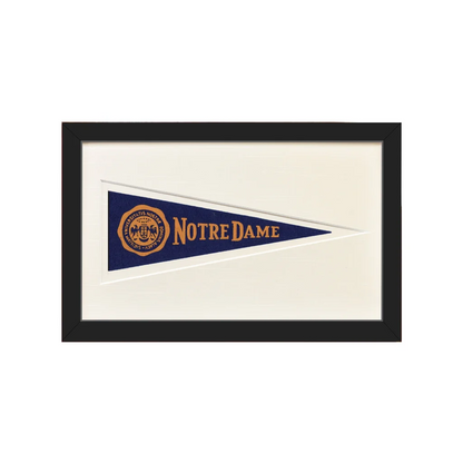 Framed vintage Notre Dame 1950s pennant flag with gold seal