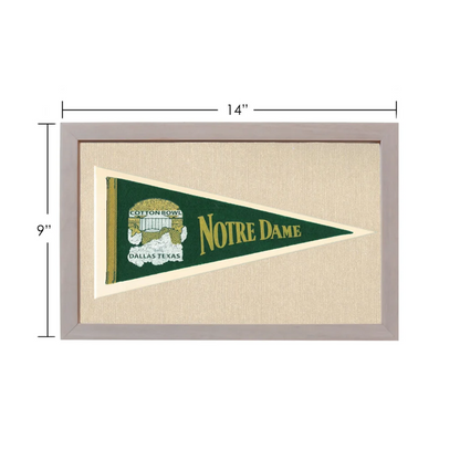 Vintage Notre Dame pennant in green and gold, framed in light gray