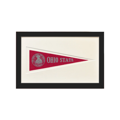 Framed vintage Ohio State 1950s Buckeyes pennant flag in red and white