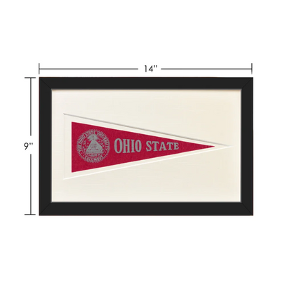 Vintage Ohio State 1950s Buckeyes pennant flag in red and white, framed