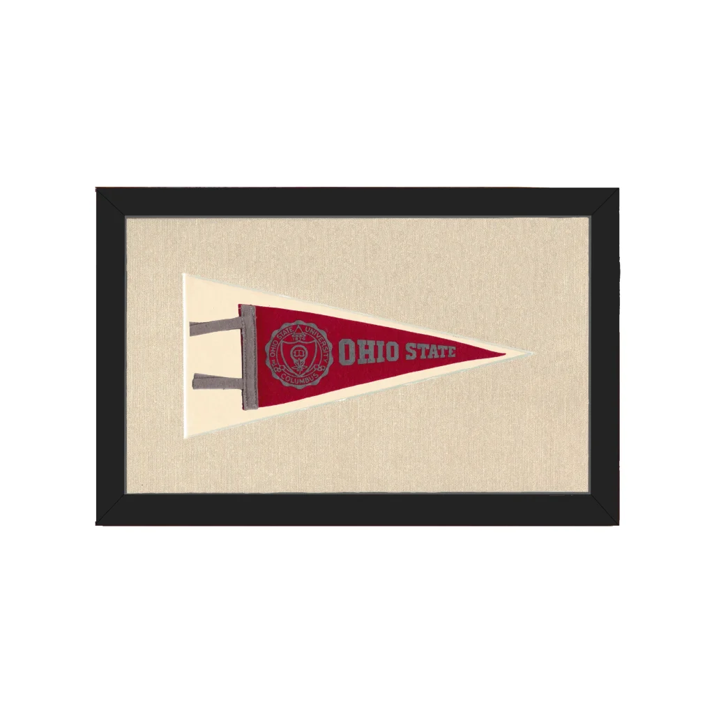 Vintage Ohio State pennant framed in red and cream on beige background