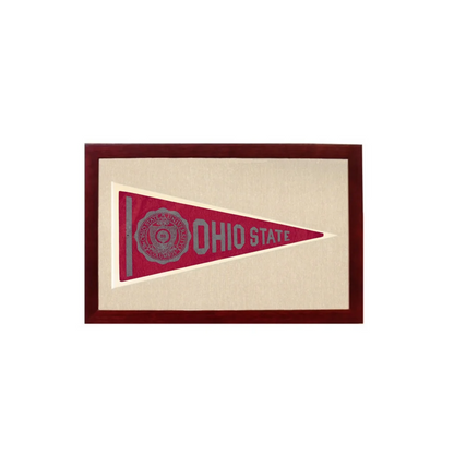 Framed vintage ohio state pennant with maroon background and silver lettering featuring the university emblem