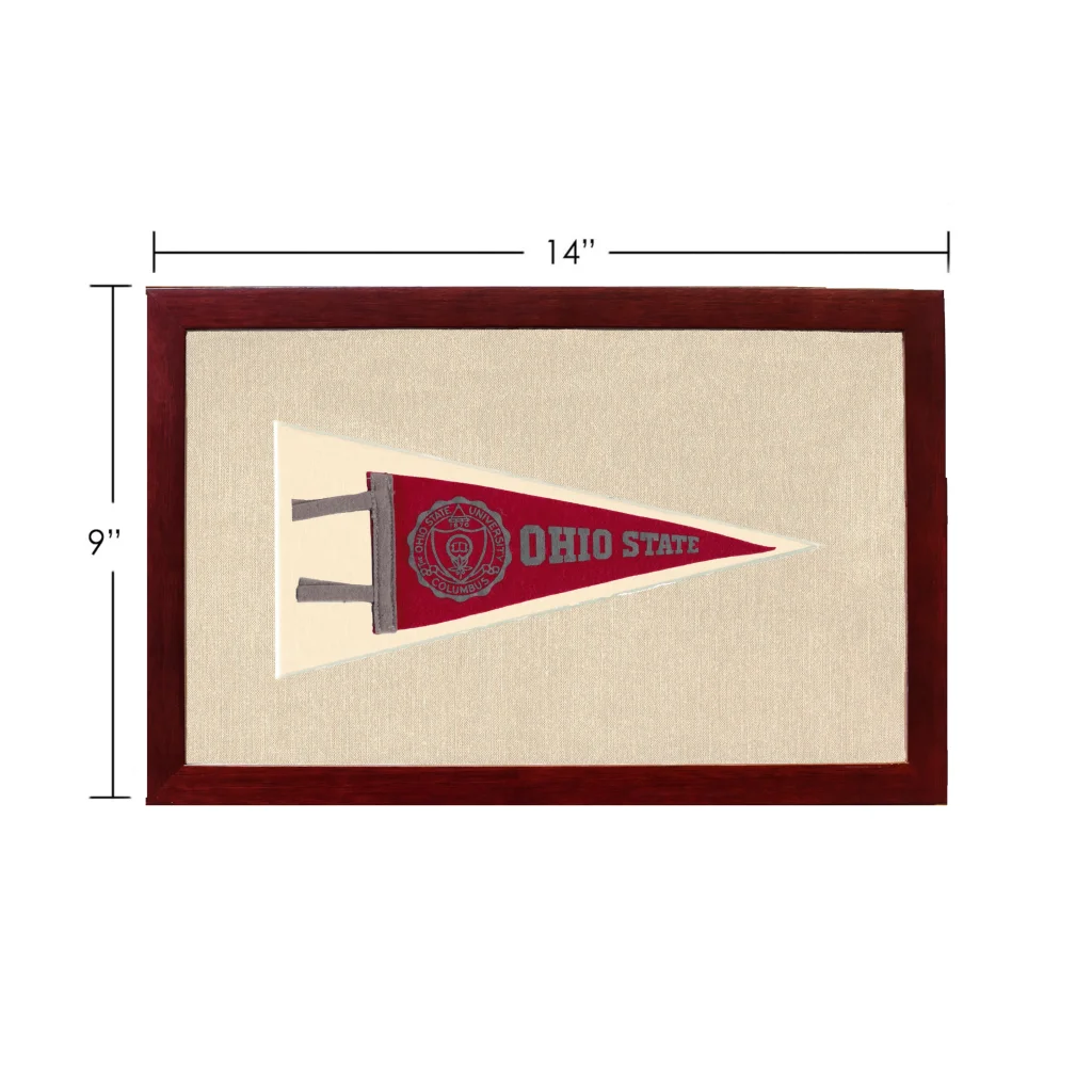 Vintage Ohio State pennant in red and cream, framed in dark wood