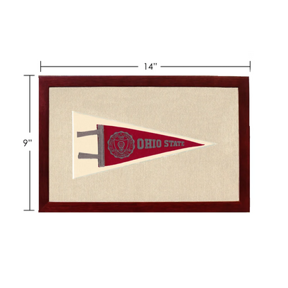 Vintage Ohio State pennant in red and cream, framed in dark wood