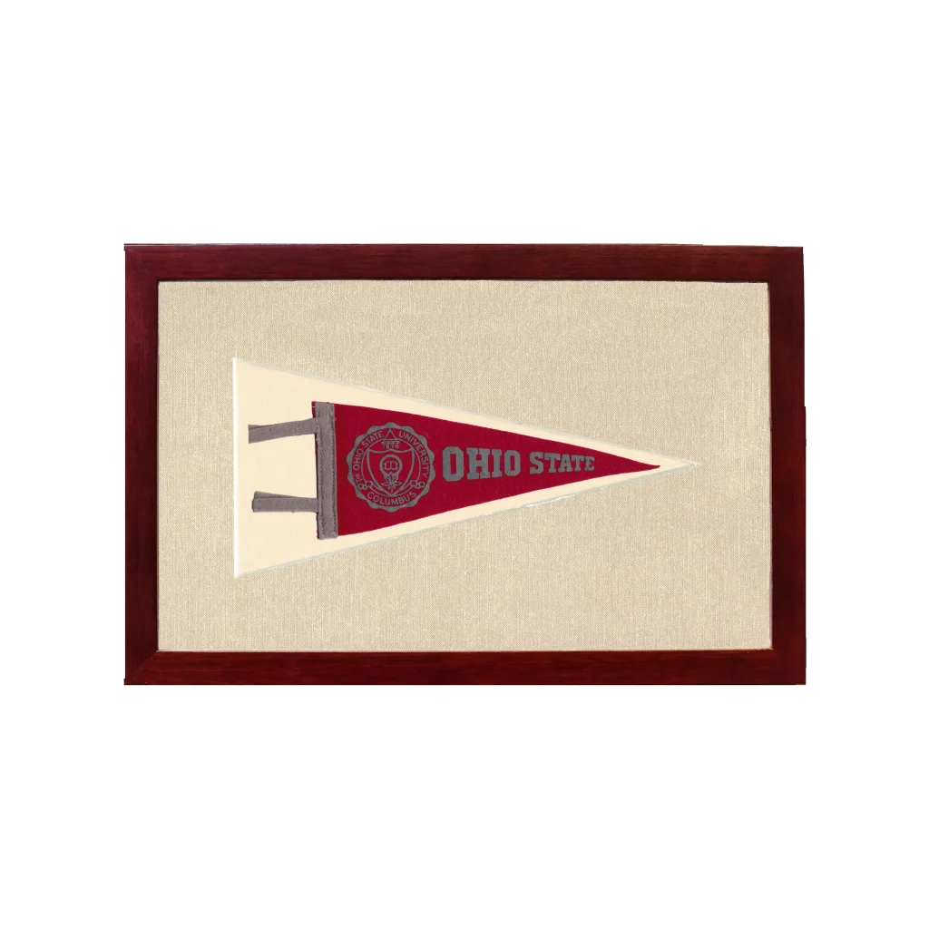 Vintage Ohio State pennant in red and gray, framed in dark wood