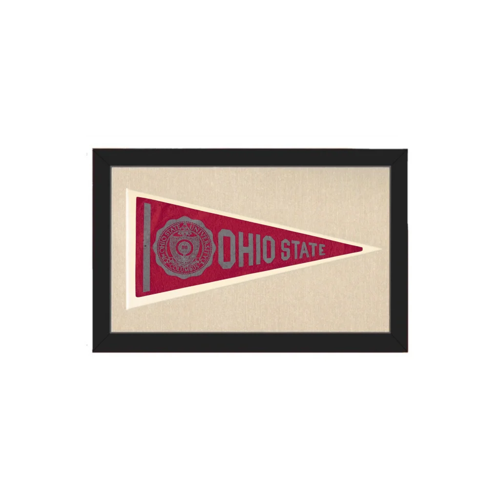 Vintage ohio state pennant in red and gray displayed in a black frame as a collectible vintage pennants decor piece