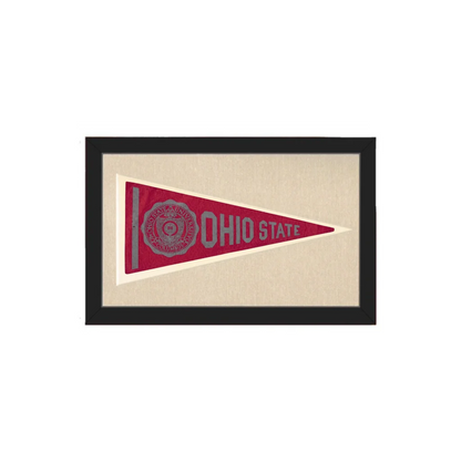 Vintage ohio state pennant in red and gray displayed in a black frame as a collectible vintage pennants decor piece