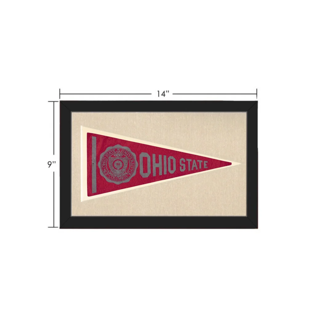 Vintage ohio state pennant in red and gray displayed in a black frame showcasing classic vintage ohio decor