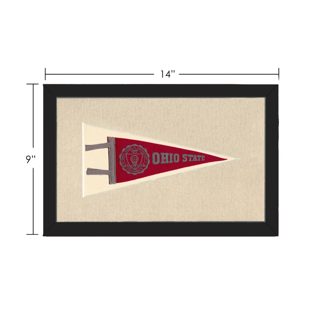 Vintage Ohio State pennant in red and gray, framed in black