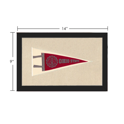 Vintage Ohio State pennant in red and gray, framed in black