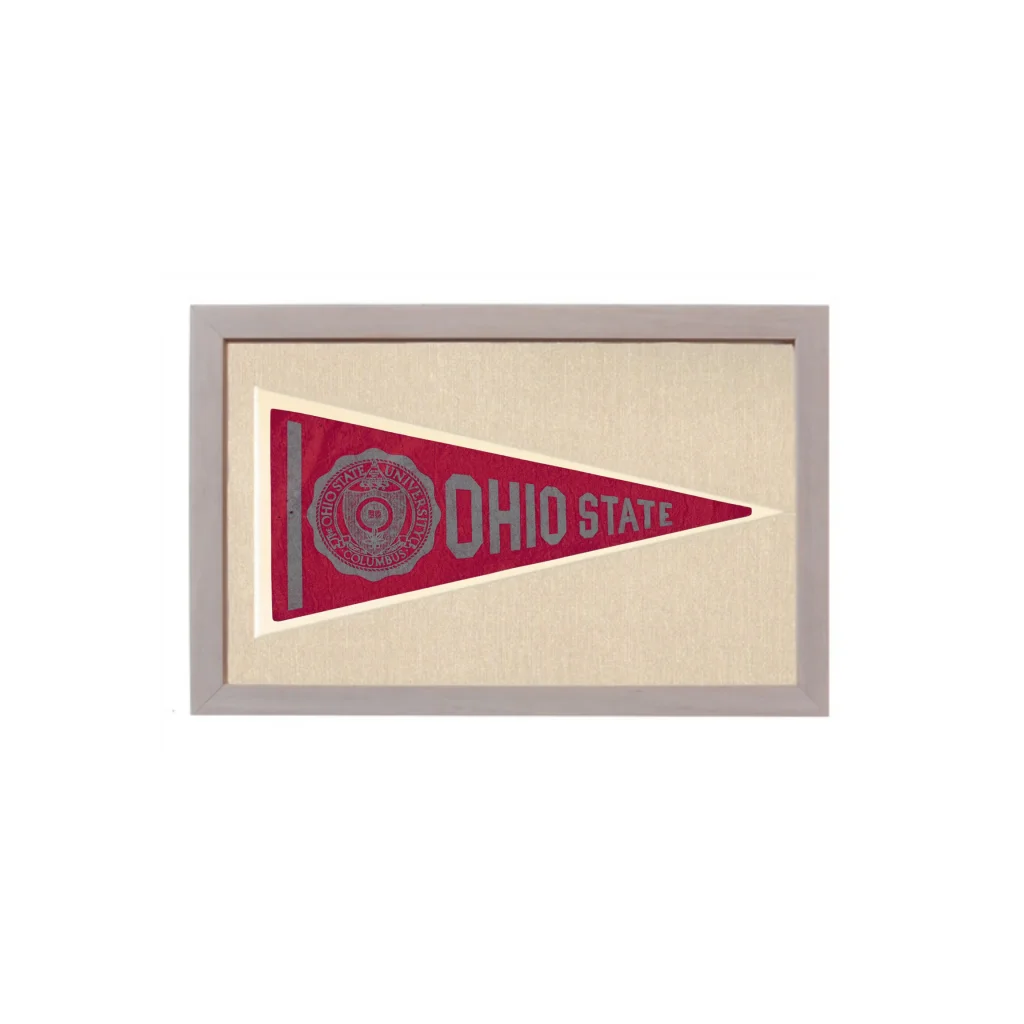 Vintage ohio state pennant in red and gray displayed in a light gray frame perfect for vintage pennants decor