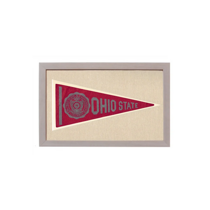 Vintage ohio state pennant in red and gray displayed in a light gray frame perfect for vintage pennants decor