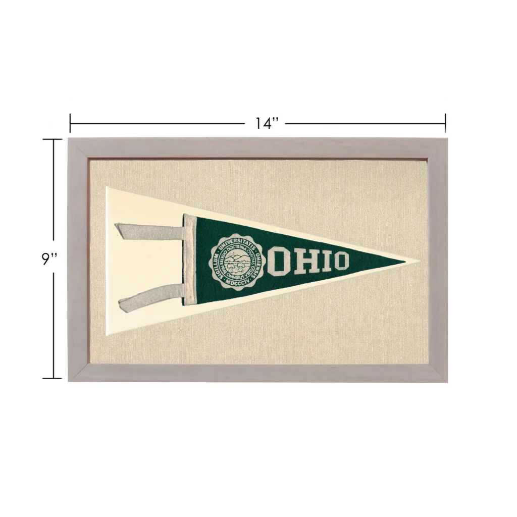 Vintage Ohio University pennant in green and cream, framed