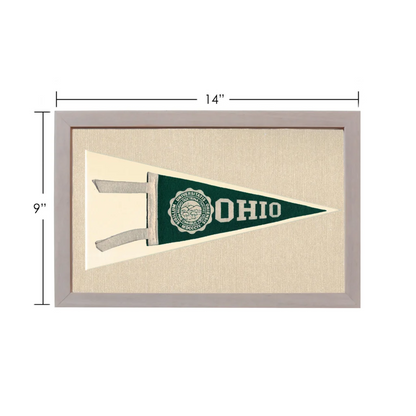 Vintage Ohio University pennant in green and cream, framed