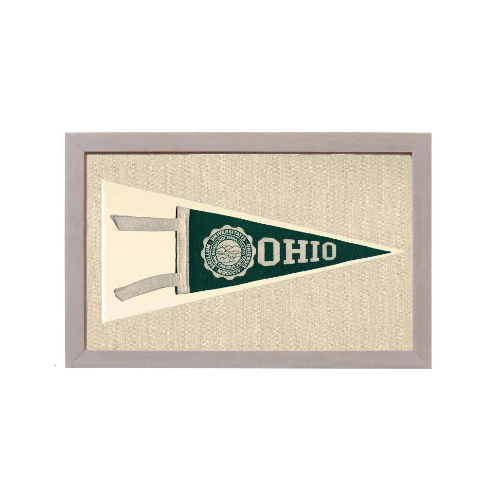 Vintage Ohio University pennant framed in green and cream