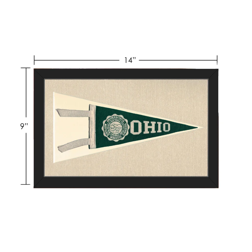Framed vintage Ohio University pennant in green and cream with embroidered logo