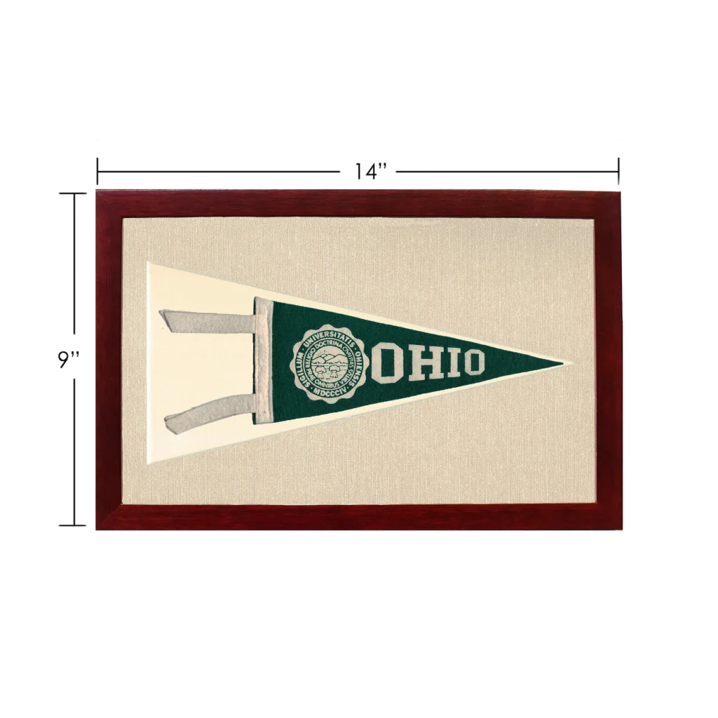 Vintage Ohio University pennant in green and white with embroidered logo in dark wood frame