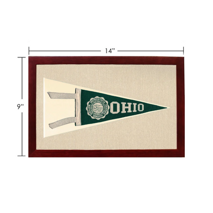 Vintage Ohio University pennant in green and white with embroidered logo in dark wood frame