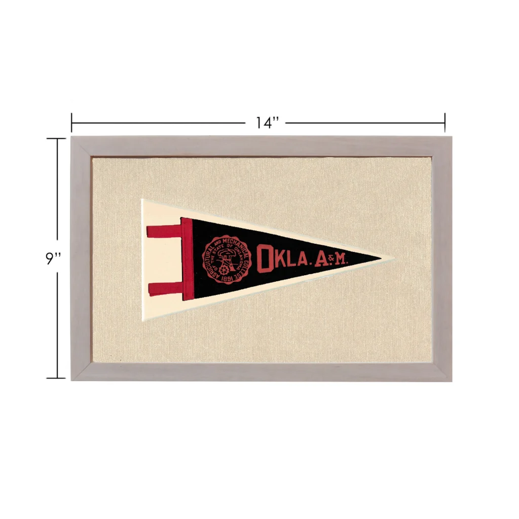 Vintage Oklahoma A&M black and red pennant in gray frame