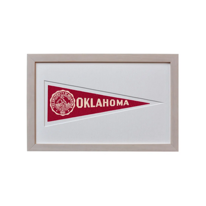 Framed vintage Oklahoma Hormel wool felt pennant in gray frame