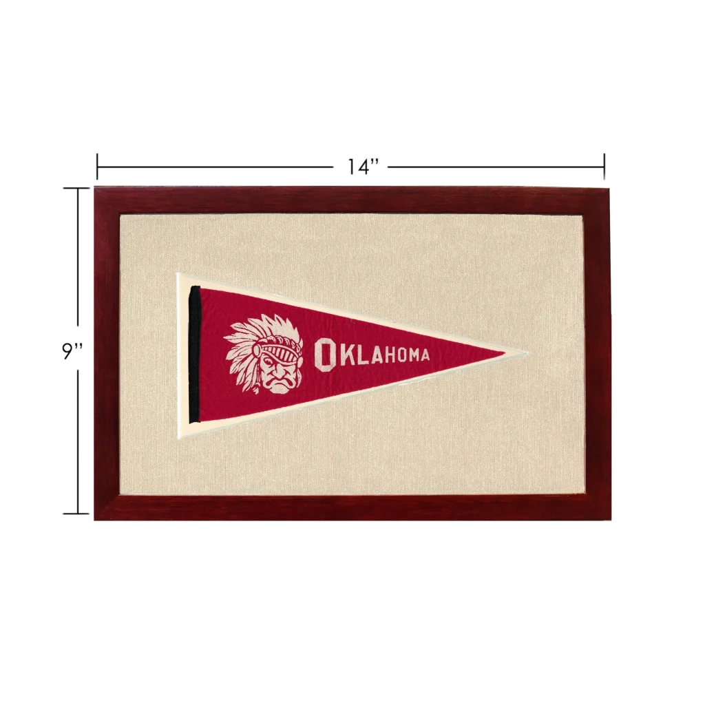 Vintage Oklahoma pennant with embroidered chief in wood frame