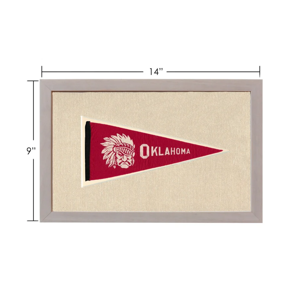 Vintage Oklahoma pennant with red design, white embroidered Native American chief and Oklahoma text, gray frame
