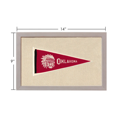 Vintage Oklahoma pennant with red design, white embroidered Native American chief and Oklahoma text, gray frame
