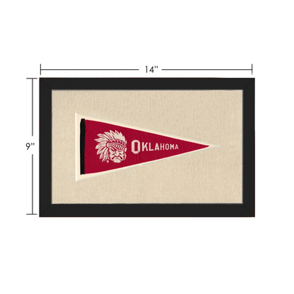 Vintage Oklahoma pennant with red design, white chief, and black frame
