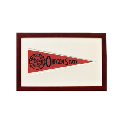 Framed vintage Oregon State Beavers 1950s pennant with red and white flag