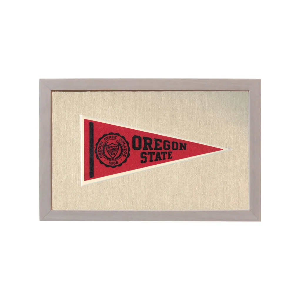 Vintage Oregon State pennant with red triangle, black lettering, emblem, gray border