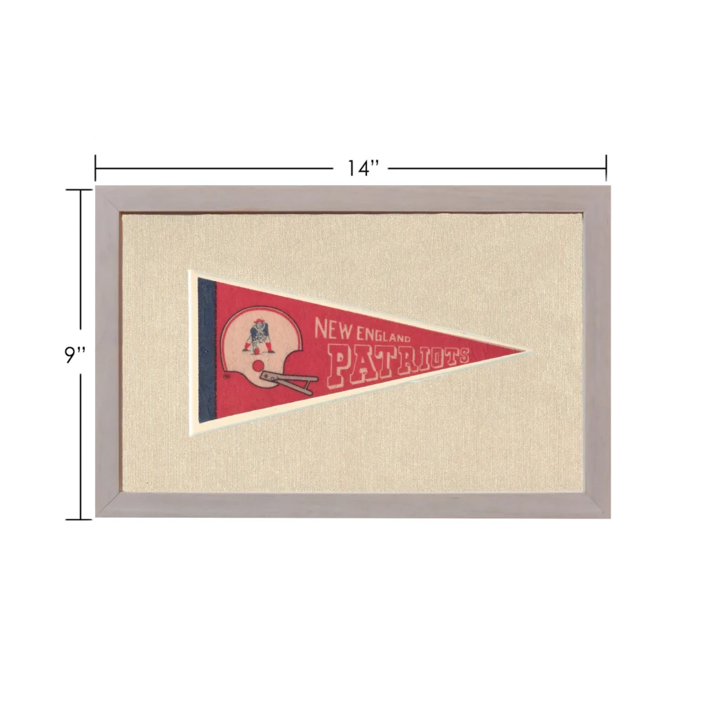 Vintage New England Patriots pennant in red, navy blue and white, gray frame
