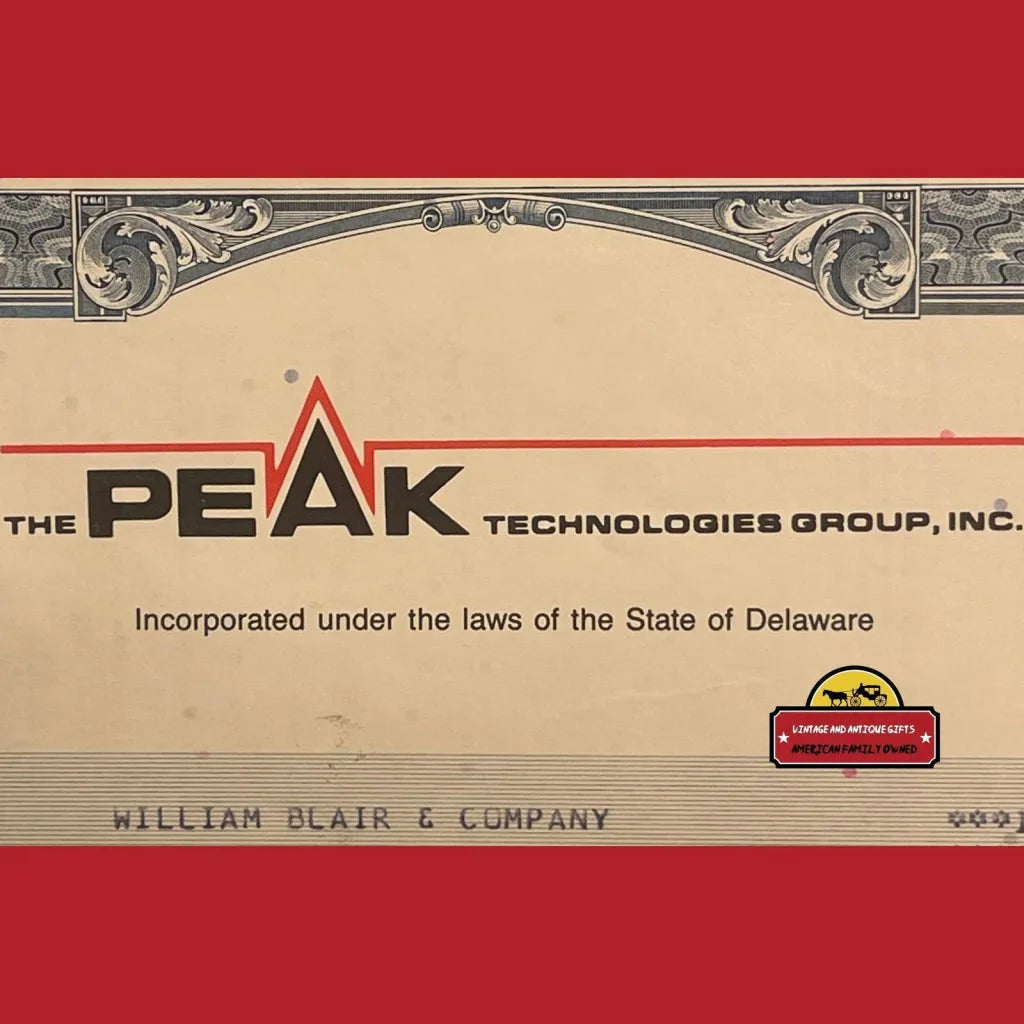 Rare Vintage Peak Technologies stock certificate from the iconic 90s Dot Com Era