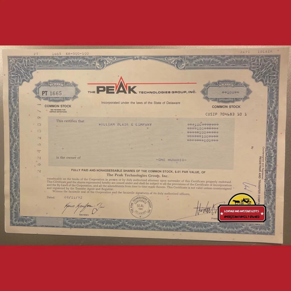 Stock certificate for Peak International Group in vintage Peak Technologies style