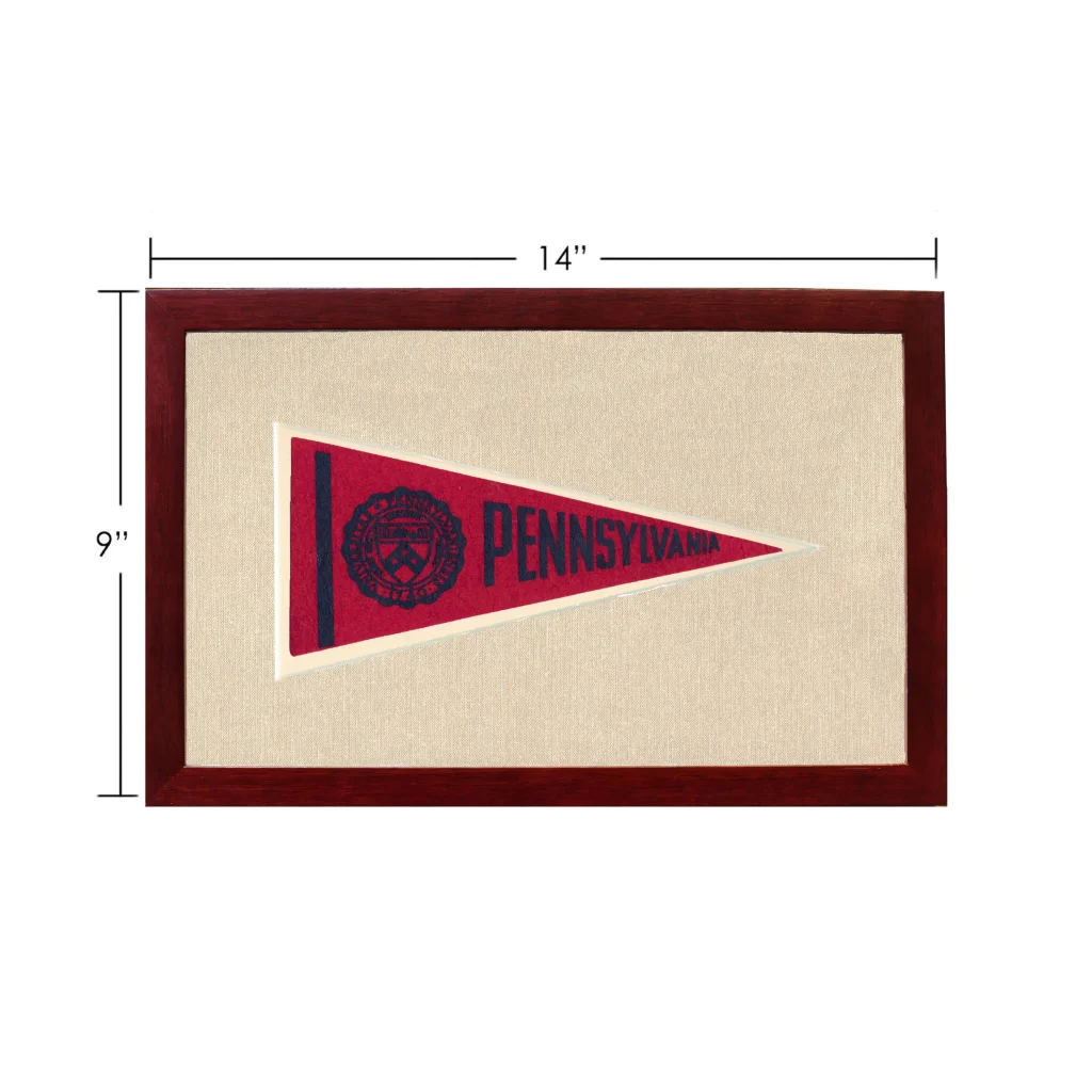 Vintage Pennsylvania pennant in red and navy blue, framed in wood