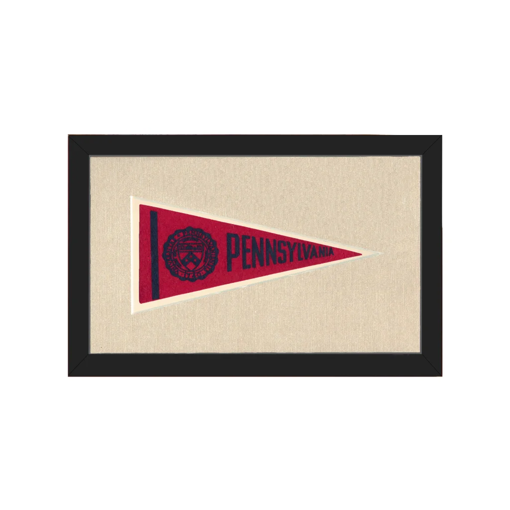 Vintage Pennsylvania pennant: red Penn State with navy emblem, black frame