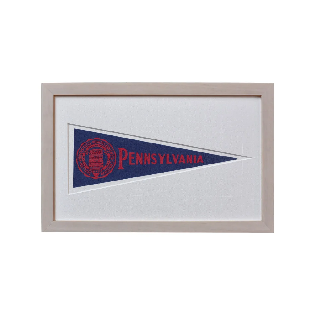 Framed vintage Pennsylvania wool felt pennant on navy blue with red text