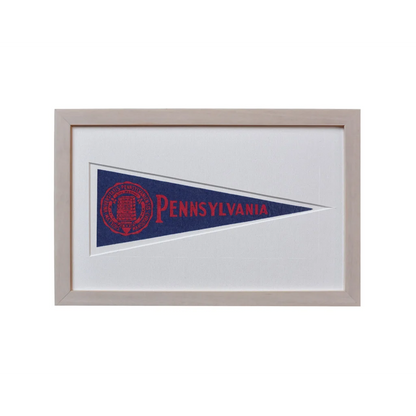 Framed vintage Pennsylvania wool felt pennant on navy blue with red text