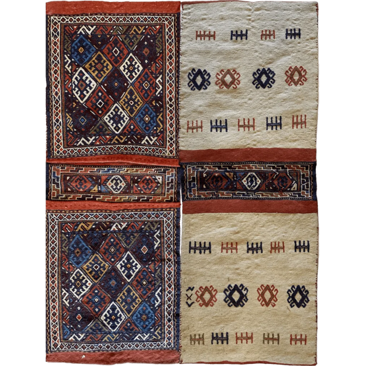 Vintage Persian Qashqai saddle bag with center bridge design and geometric patterns