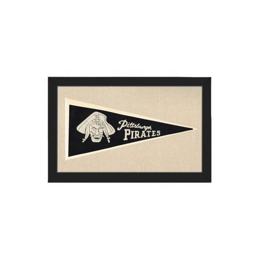 Vintage pirates pennant in black and cream featuring a white outline pirate mascot and black border vintage pennants
