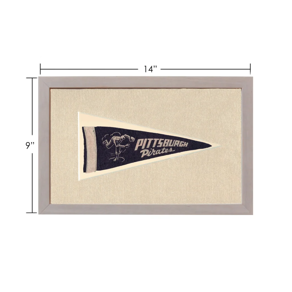 Vintage Pittsburgh Pirates pennant in gray frame on beige backing