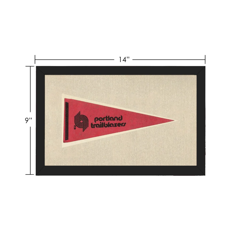 Vintage Portland Trail Blazers pennant, red with black logo, framed