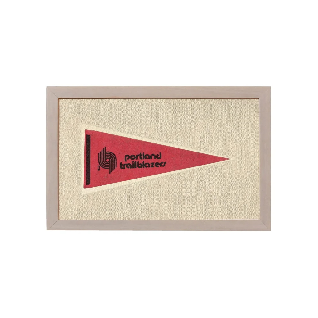 Vintage Portland Trail Blazers pennant with red design, black logo, gray frame